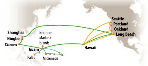 美森快船在中國(guó)區(qū)設(shè)立有三個(gè)裝運(yùn)港：