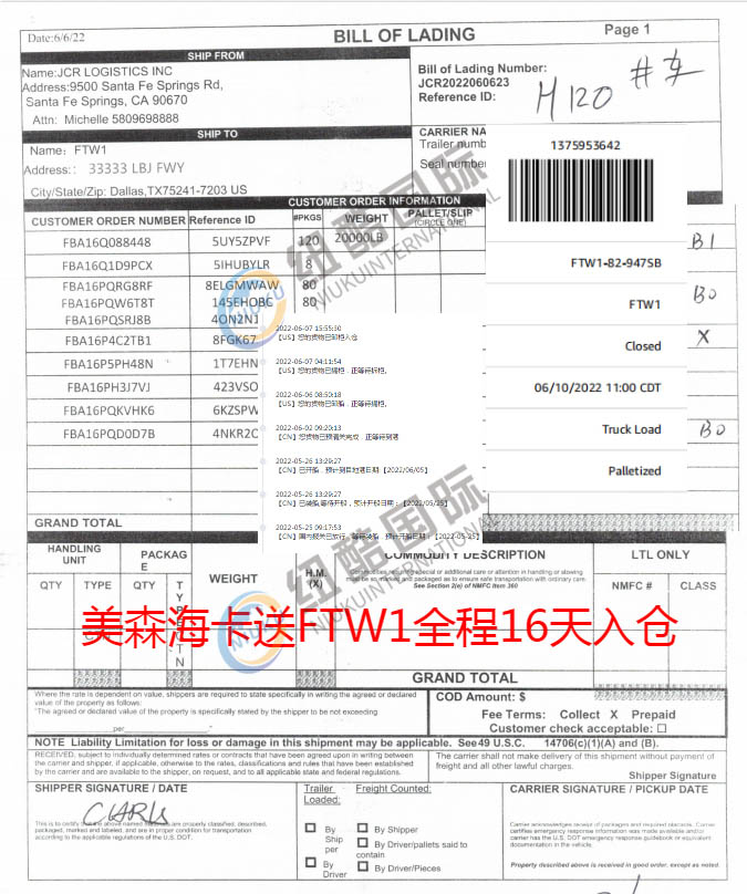 6月10日入FTW1;從海外倉(cāng)到FTW1卡車派送時(shí)效為3天